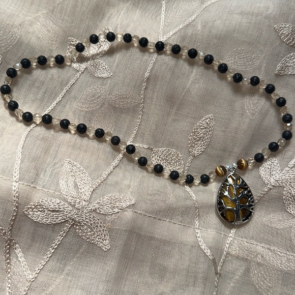 Tiger’s Eye Tree Necklace (Beige Crystal Beads, Black Lava Rock And Tiger’s Eye) - Picture 3 of 12